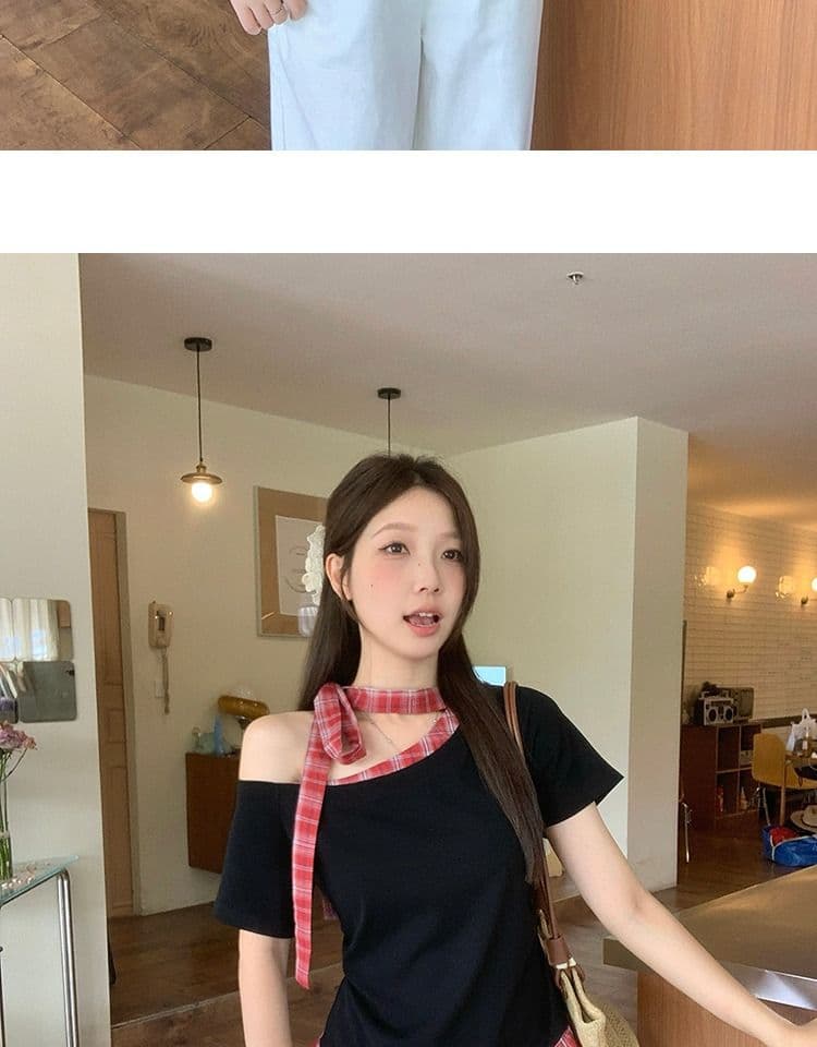 있음 선적 와 사고 방식 항구 바람 반팔 티셔츠 여성 여름 디자인 센스 오프숄더 행침 목 체크무늬 동정 슬림해 보이는 맨위 상세 이미지 5