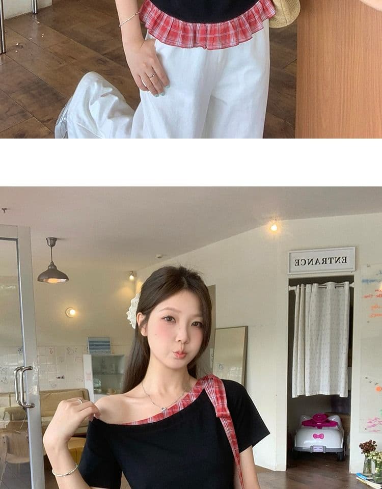 있음 선적 와 사고 방식 항구 바람 반팔 티셔츠 여성 여름 디자인 센스 오프숄더 행침 목 체크무늬 동정 슬림해 보이는 맨위 상세 이미지 6
