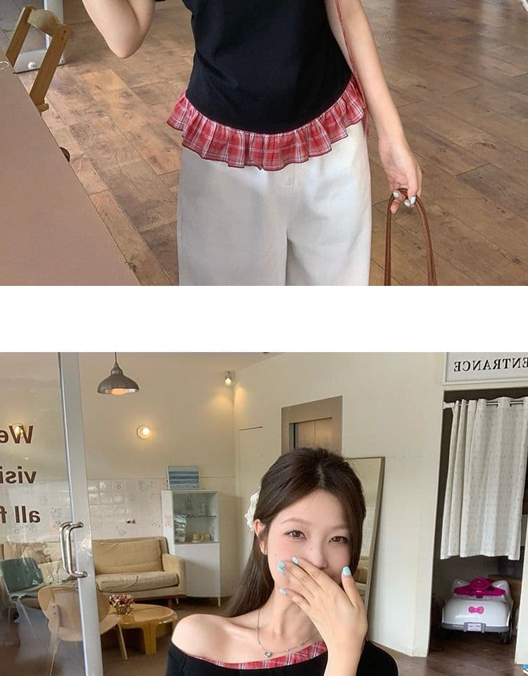 있음 선적 와 사고 방식 항구 바람 반팔 티셔츠 여성 여름 디자인 센스 오프숄더 행침 목 체크무늬 동정 슬림해 보이는 맨위 상세 이미지 7