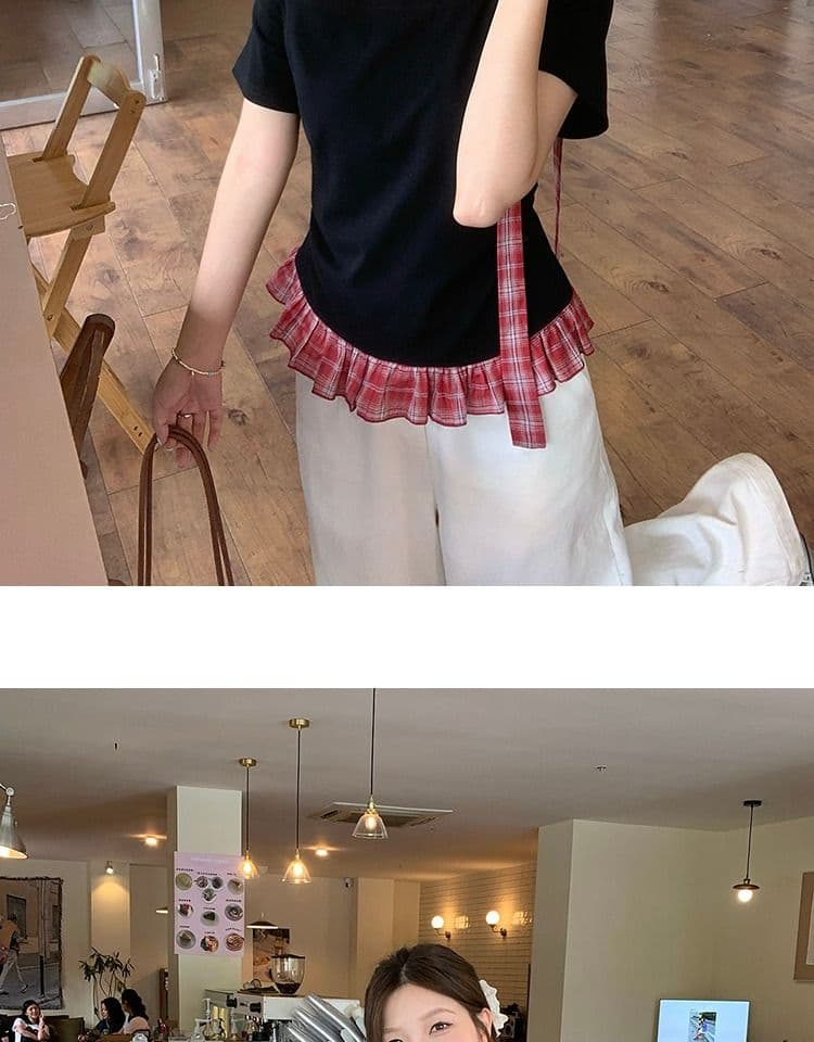 있음 선적 와 사고 방식 항구 바람 반팔 티셔츠 여성 여름 디자인 센스 오프숄더 행침 목 체크무늬 동정 슬림해 보이는 맨위 상세 이미지 8