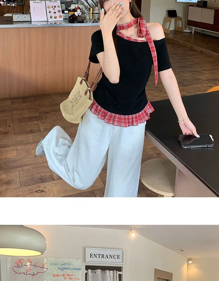 있음 선적 와 사고 방식 항구 바람 반팔 티셔츠 여성 여름 디자인 센스 오프숄더 행침 목 체크무늬 동정 슬림해 보이는 맨위 상세 이미지 9