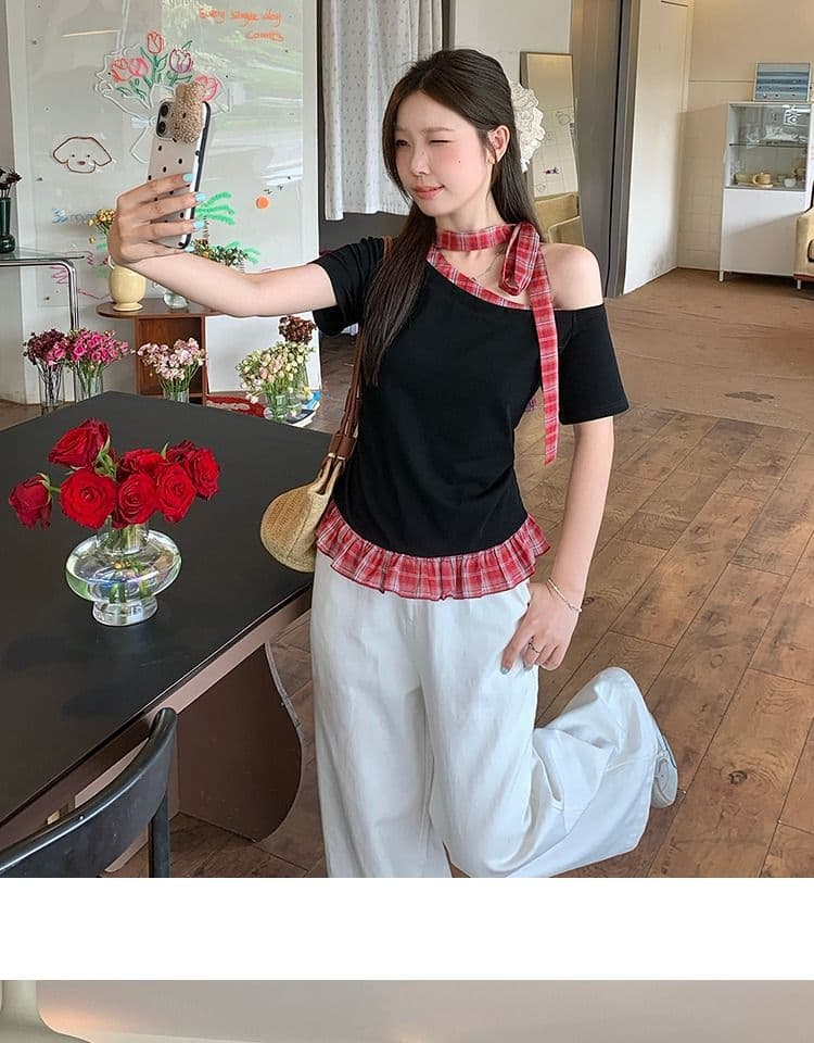 있음 선적 와 사고 방식 항구 바람 반팔 티셔츠 여성 여름 디자인 센스 오프숄더 행침 목 체크무늬 동정 슬림해 보이는 맨위 상세 이미지 10