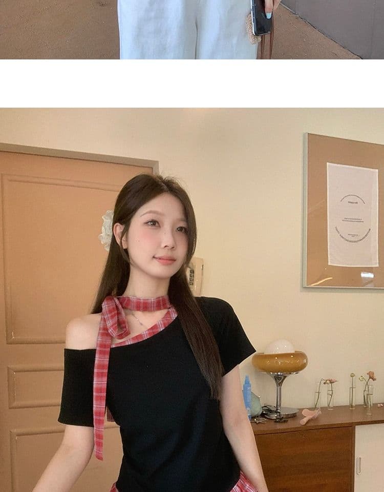 있음 선적 와 사고 방식 항구 바람 반팔 티셔츠 여성 여름 디자인 센스 오프숄더 행침 목 체크무늬 동정 슬림해 보이는 맨위 상세 이미지 13