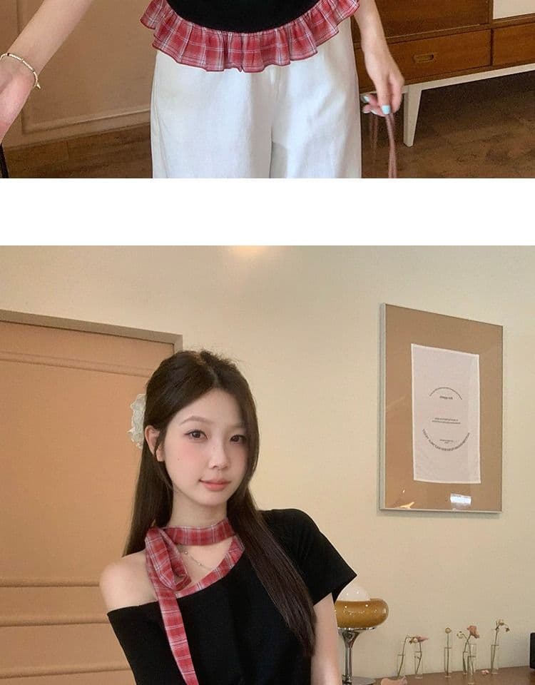 있음 선적 와 사고 방식 항구 바람 반팔 티셔츠 여성 여름 디자인 센스 오프숄더 행침 목 체크무늬 동정 슬림해 보이는 맨위 상세 이미지 14