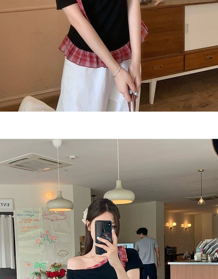 있음 선적 와 사고 방식 항구 바람 반팔 티셔츠 여성 여름 디자인 센스 오프숄더 행침 목 체크무늬 동정 슬림해 보이는 맨위 상세 이미지 15