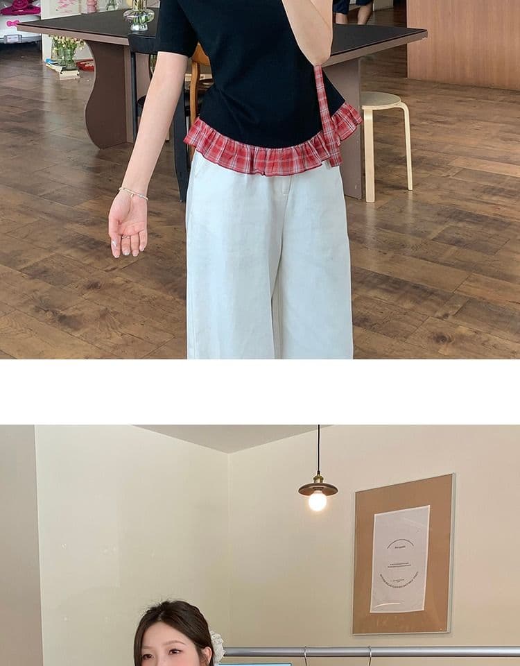 있음 선적 와 사고 방식 항구 바람 반팔 티셔츠 여성 여름 디자인 센스 오프숄더 행침 목 체크무늬 동정 슬림해 보이는 맨위 상세 이미지 16