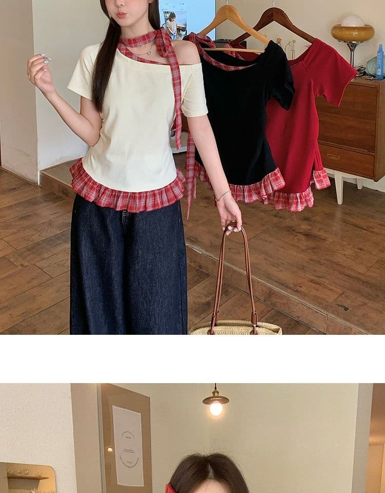 있음 선적 와 사고 방식 항구 바람 반팔 티셔츠 여성 여름 디자인 센스 오프숄더 행침 목 체크무늬 동정 슬림해 보이는 맨위 상세 이미지 17