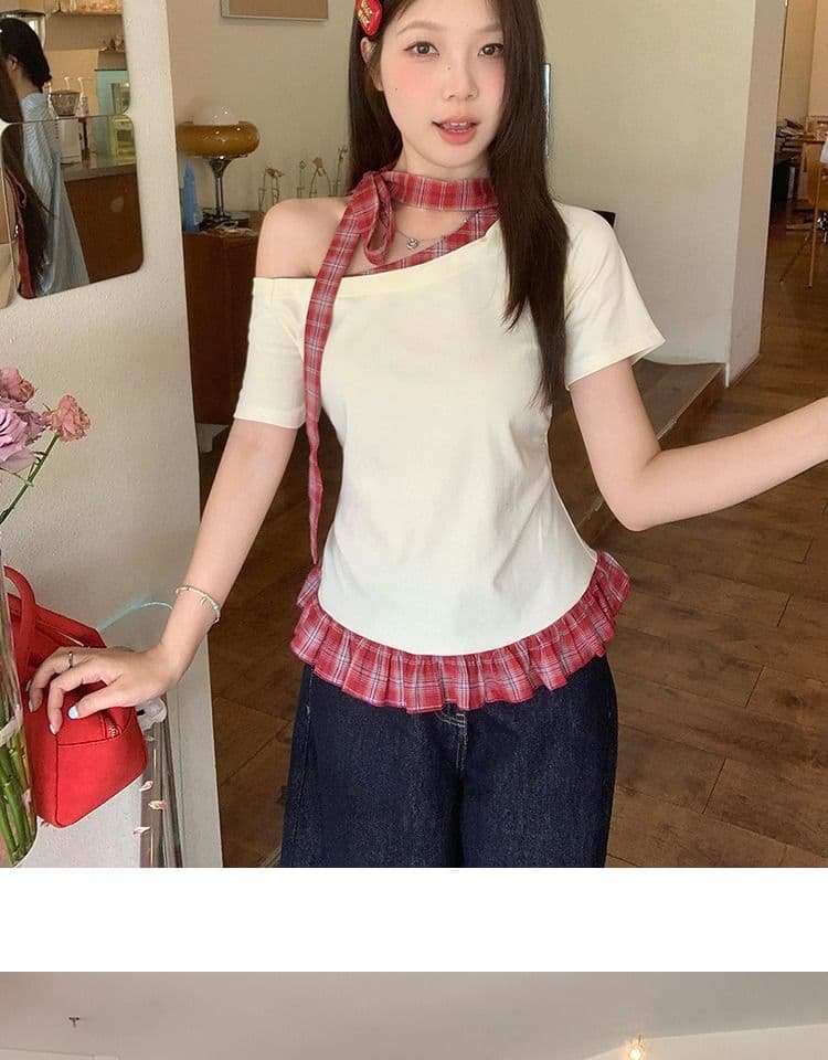 있음 선적 와 사고 방식 항구 바람 반팔 티셔츠 여성 여름 디자인 센스 오프숄더 행침 목 체크무늬 동정 슬림해 보이는 맨위 상세 이미지 18