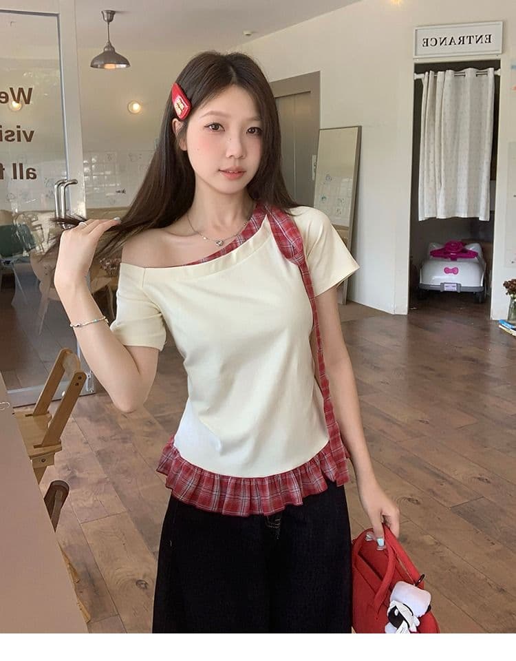 있음 선적 와 사고 방식 항구 바람 반팔 티셔츠 여성 여름 디자인 센스 오프숄더 행침 목 체크무늬 동정 슬림해 보이는 맨위 상세 이미지 19