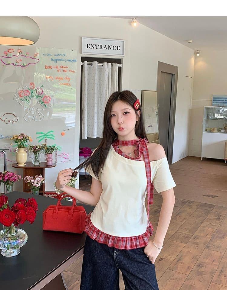 있음 선적 와 사고 방식 항구 바람 반팔 티셔츠 여성 여름 디자인 센스 오프숄더 행침 목 체크무늬 동정 슬림해 보이는 맨위 상세 이미지 20