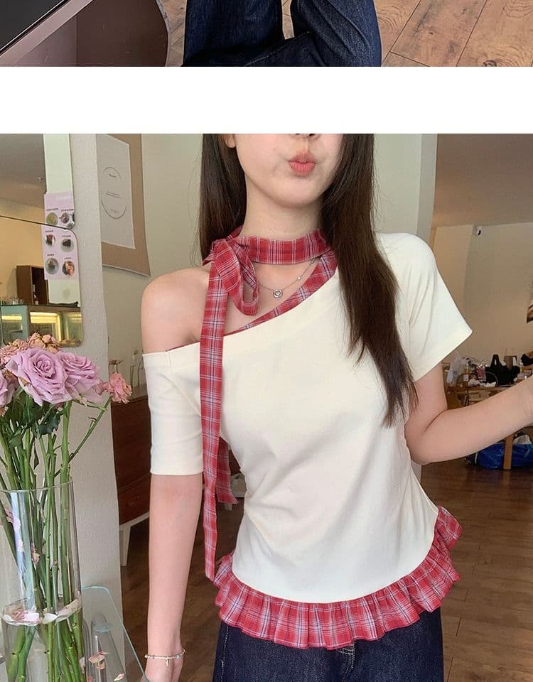있음 선적 와 사고 방식 항구 바람 반팔 티셔츠 여성 여름 디자인 센스 오프숄더 행침 목 체크무늬 동정 슬림해 보이는 맨위 상세 이미지 21