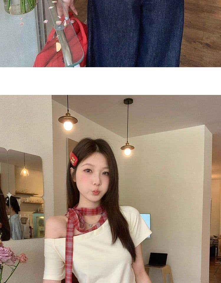 있음 선적 와 사고 방식 항구 바람 반팔 티셔츠 여성 여름 디자인 센스 오프숄더 행침 목 체크무늬 동정 슬림해 보이는 맨위 상세 이미지 22