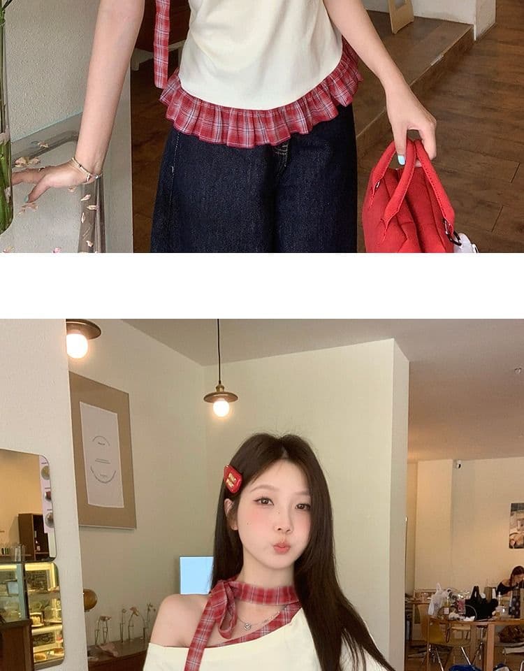 있음 선적 와 사고 방식 항구 바람 반팔 티셔츠 여성 여름 디자인 센스 오프숄더 행침 목 체크무늬 동정 슬림해 보이는 맨위 상세 이미지 23