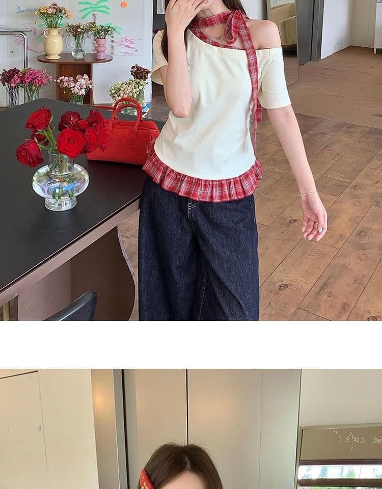 있음 선적 와 사고 방식 항구 바람 반팔 티셔츠 여성 여름 디자인 센스 오프숄더 행침 목 체크무늬 동정 슬림해 보이는 맨위 상세 이미지 24
