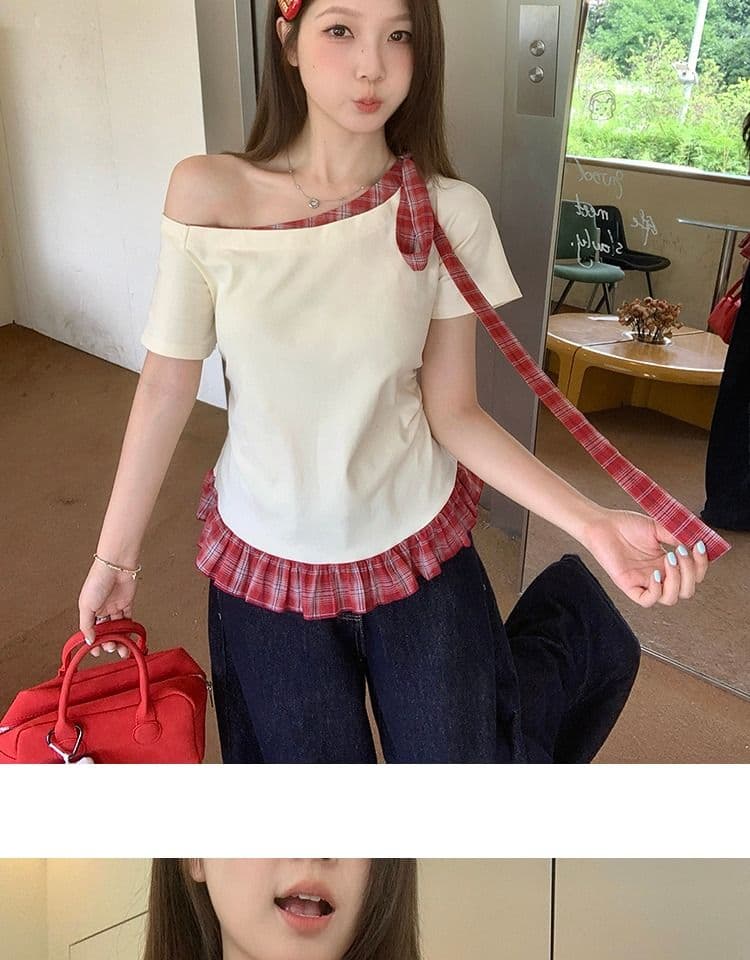 있음 선적 와 사고 방식 항구 바람 반팔 티셔츠 여성 여름 디자인 센스 오프숄더 행침 목 체크무늬 동정 슬림해 보이는 맨위 상세 이미지 25