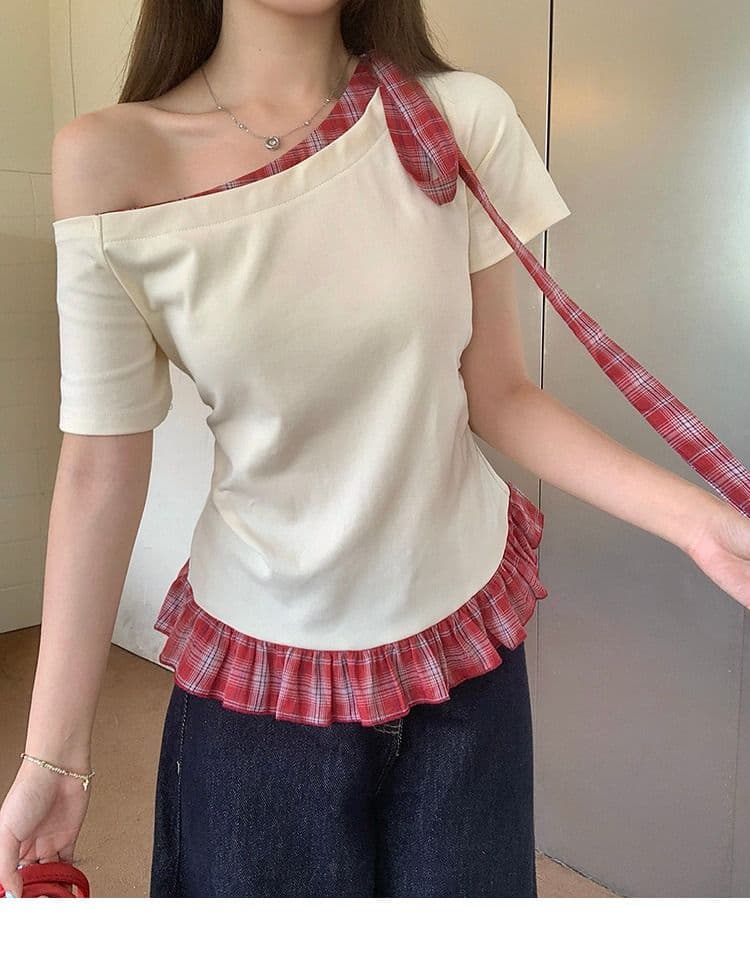 있음 선적 와 사고 방식 항구 바람 반팔 티셔츠 여성 여름 디자인 센스 오프숄더 행침 목 체크무늬 동정 슬림해 보이는 맨위 상세 이미지 26