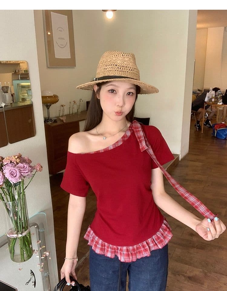 있음 선적 와 사고 방식 항구 바람 반팔 티셔츠 여성 여름 디자인 센스 오프숄더 행침 목 체크무늬 동정 슬림해 보이는 맨위 상세 이미지 27