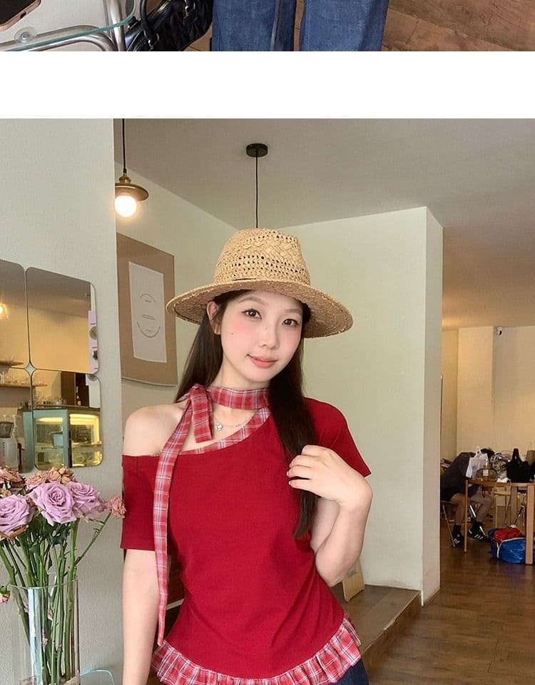 있음 선적 와 사고 방식 항구 바람 반팔 티셔츠 여성 여름 디자인 센스 오프숄더 행침 목 체크무늬 동정 슬림해 보이는 맨위 상세 이미지 28