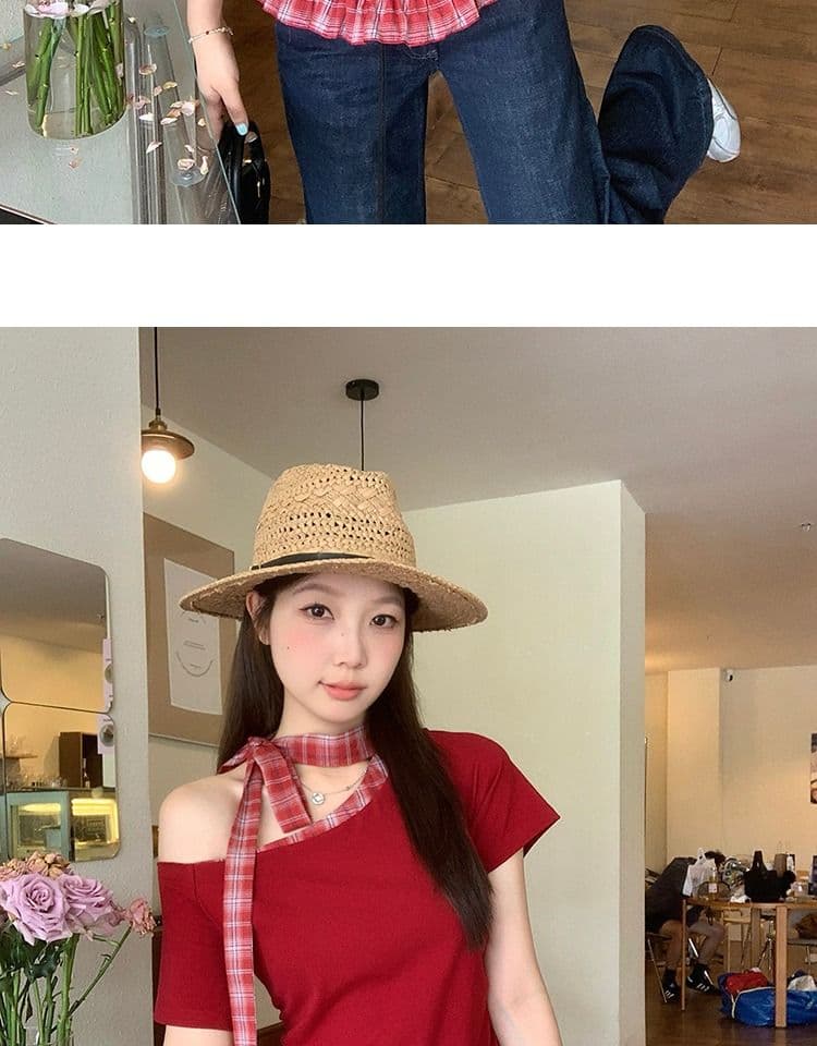있음 선적 와 사고 방식 항구 바람 반팔 티셔츠 여성 여름 디자인 센스 오프숄더 행침 목 체크무늬 동정 슬림해 보이는 맨위 상세 이미지 29