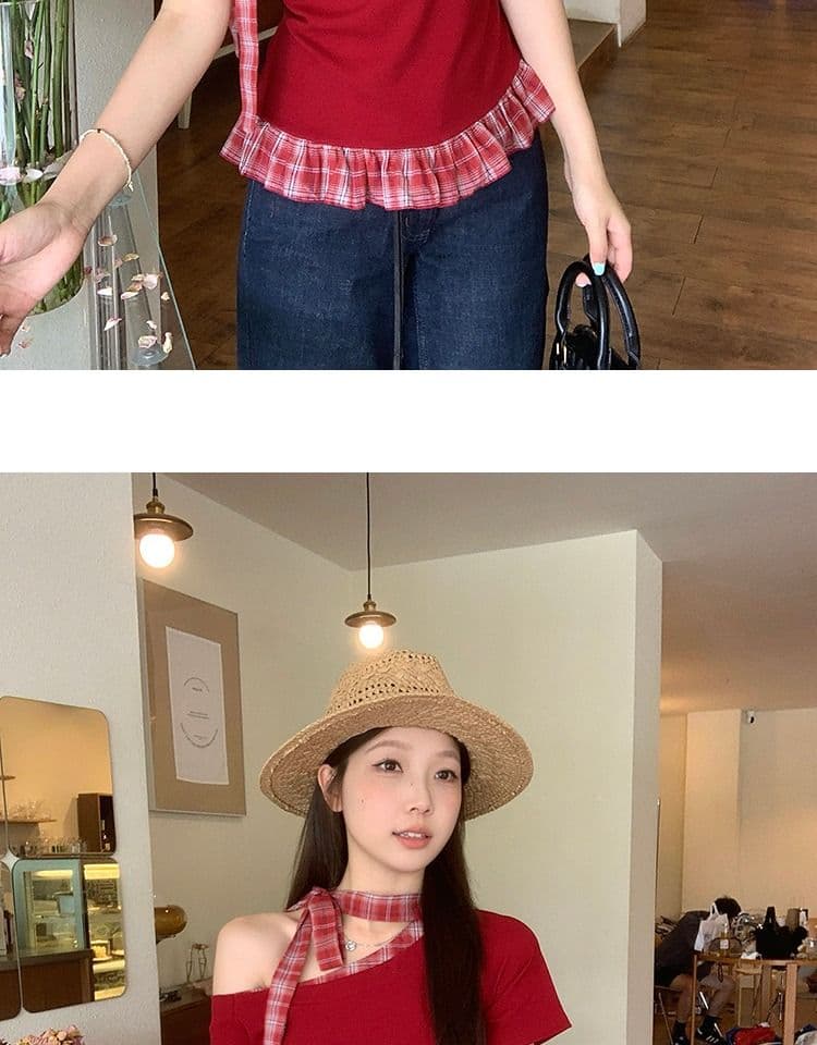 있음 선적 와 사고 방식 항구 바람 반팔 티셔츠 여성 여름 디자인 센스 오프숄더 행침 목 체크무늬 동정 슬림해 보이는 맨위 상세 이미지 30