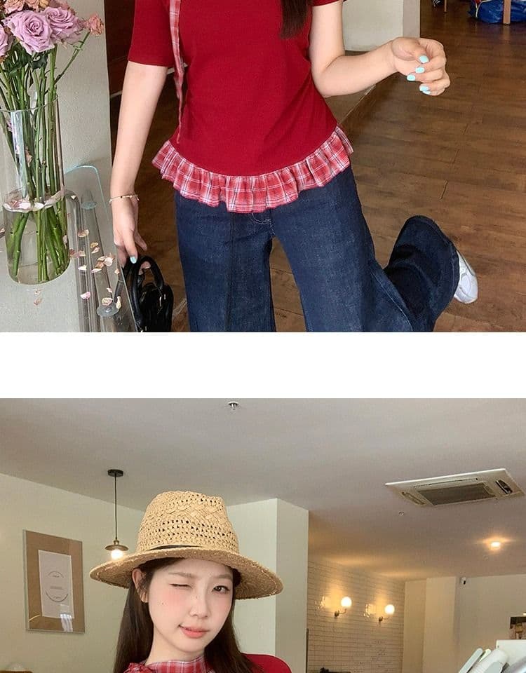 있음 선적 와 사고 방식 항구 바람 반팔 티셔츠 여성 여름 디자인 센스 오프숄더 행침 목 체크무늬 동정 슬림해 보이는 맨위 상세 이미지 31