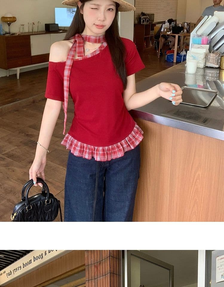 있음 선적 와 사고 방식 항구 바람 반팔 티셔츠 여성 여름 디자인 센스 오프숄더 행침 목 체크무늬 동정 슬림해 보이는 맨위 상세 이미지 33