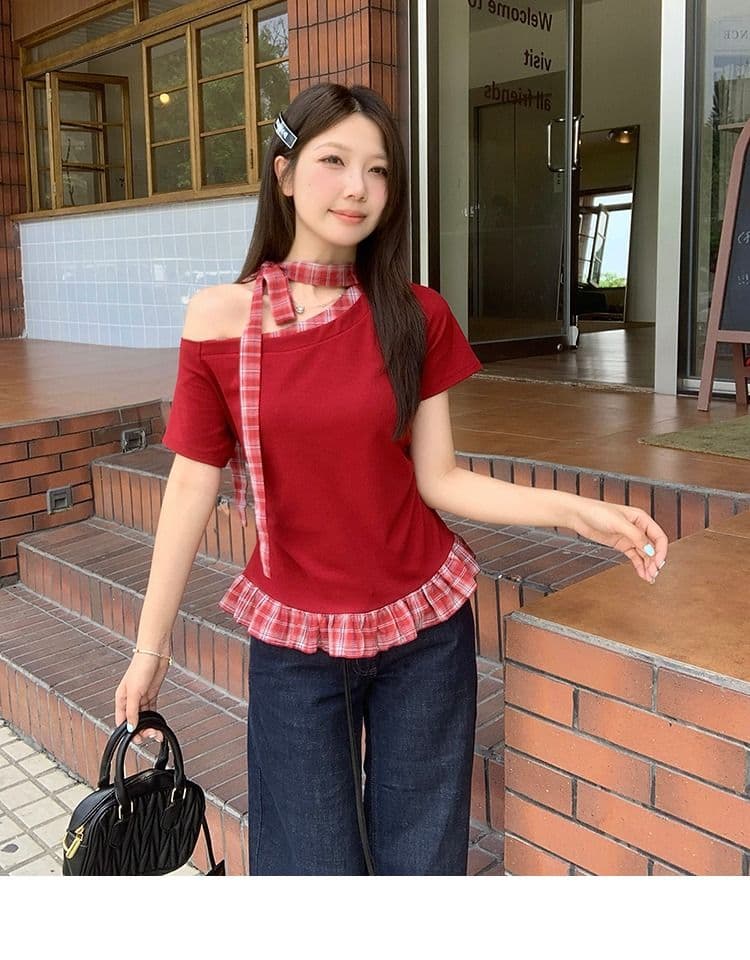 있음 선적 와 사고 방식 항구 바람 반팔 티셔츠 여성 여름 디자인 센스 오프숄더 행침 목 체크무늬 동정 슬림해 보이는 맨위 상세 이미지 34