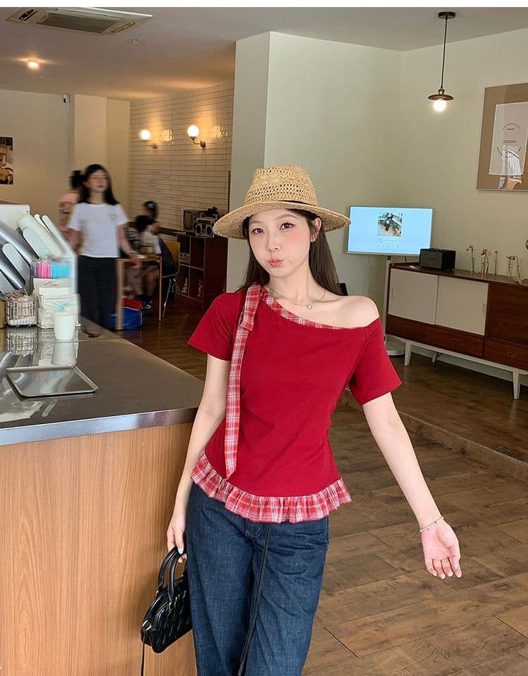있음 선적 와 사고 방식 항구 바람 반팔 티셔츠 여성 여름 디자인 센스 오프숄더 행침 목 체크무늬 동정 슬림해 보이는 맨위 상세 이미지 35