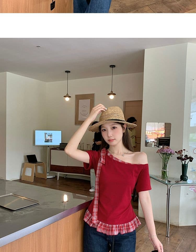 있음 선적 와 사고 방식 항구 바람 반팔 티셔츠 여성 여름 디자인 센스 오프숄더 행침 목 체크무늬 동정 슬림해 보이는 맨위 상세 이미지 36