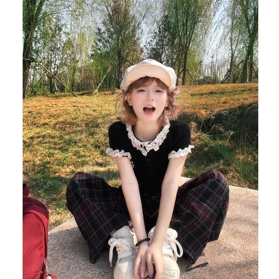 있음 선적 40 좋은 면 리브 한 부서 학원 스타일 레이스 도트 무늬 긍정적 인 어깨 반팔 티셔츠 여성 여름 몸매 가꾸기 맨위