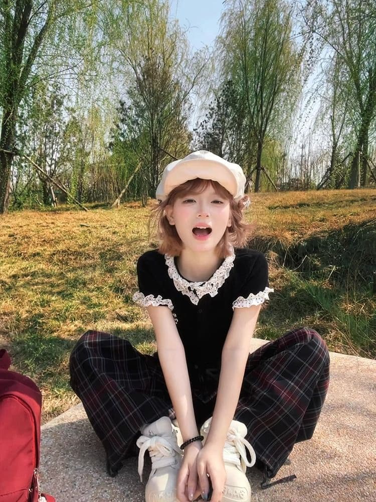 있음 선적 40 좋은 면 리브 한 부서 학원 스타일 레이스 도트 무늬 긍정적 인 어깨 반팔 티셔츠 여성 여름 몸매 가꾸기 맨위 상세 이미지 8