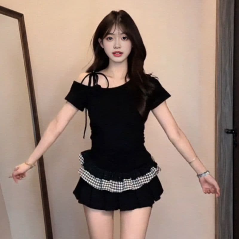 있음 선적 40 사람들 면 패치워크 체크무늬 반팔 티셔츠 여름 한 부서 핫걸 몸매 가꾸기 슬림해 보이는 비스듬한 어깨 의류