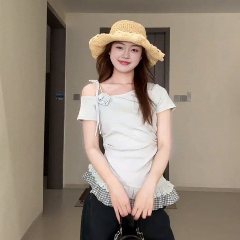 있음 선적 40 사람들 면 패치워크 체크무늬 반팔 티셔츠 여름 한 부서 핫걸 몸매 가꾸기 슬림해 보이는 비스듬한 어깨 의류 이미지 5