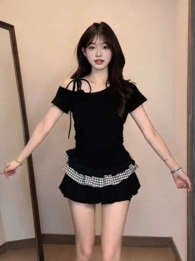 있음 선적 40 사람들 면 패치워크 체크무늬 반팔 티셔츠 여름 한 부서 핫걸 몸매 가꾸기 슬림해 보이는 비스듬한 어깨 의류 상세 이미지 4