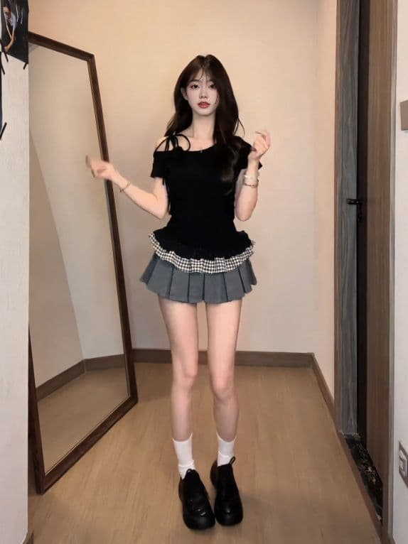 있음 선적 40 사람들 면 패치워크 체크무늬 반팔 티셔츠 여름 한 부서 핫걸 몸매 가꾸기 슬림해 보이는 비스듬한 어깨 의류 상세 이미지 5