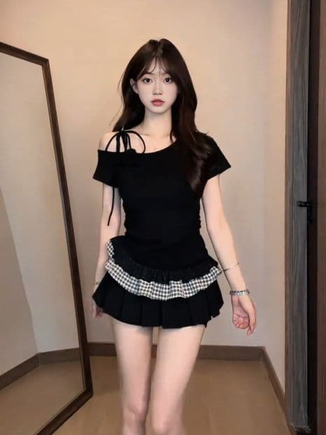 있음 선적 40 사람들 면 패치워크 체크무늬 반팔 티셔츠 여름 한 부서 핫걸 몸매 가꾸기 슬림해 보이는 비스듬한 어깨 의류 상세 이미지 6
