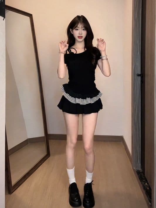 있음 선적 40 사람들 면 패치워크 체크무늬 반팔 티셔츠 여름 한 부서 핫걸 몸매 가꾸기 슬림해 보이는 비스듬한 어깨 의류 상세 이미지 8