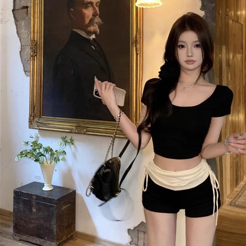 있음 선적 경관 그림 40 면 리브 몸매 가꾸기 라운드 넥 반팔 핫걸 기본 셔츠 타이트 쇼트 스타일 티셔츠 이미지 2