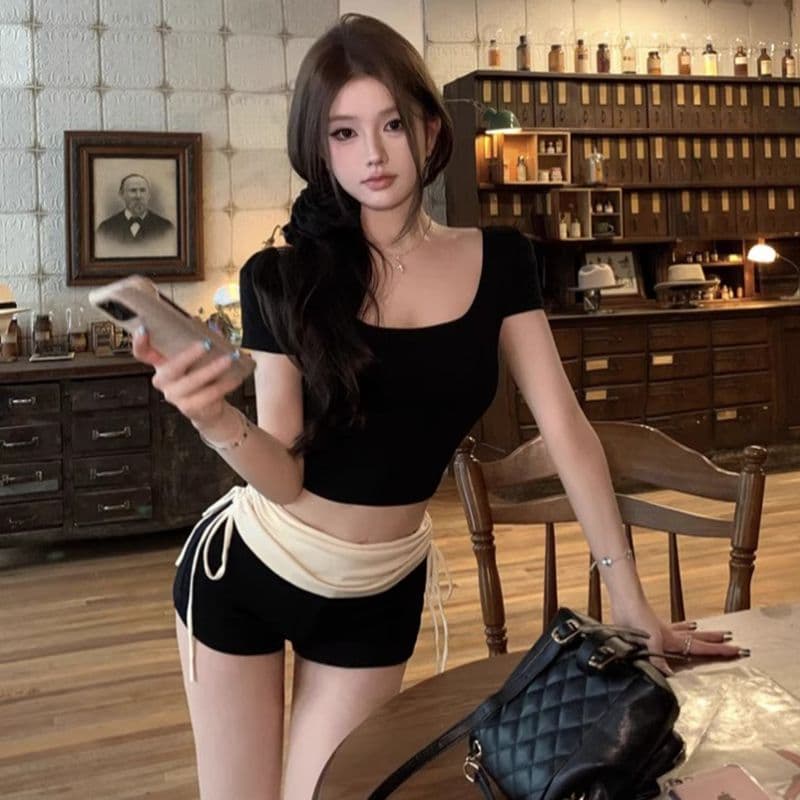 있음 선적 경관 그림 40 면 리브 몸매 가꾸기 라운드 넥 반팔 핫걸 기본 셔츠 타이트 쇼트 스타일 티셔츠 이미지 4