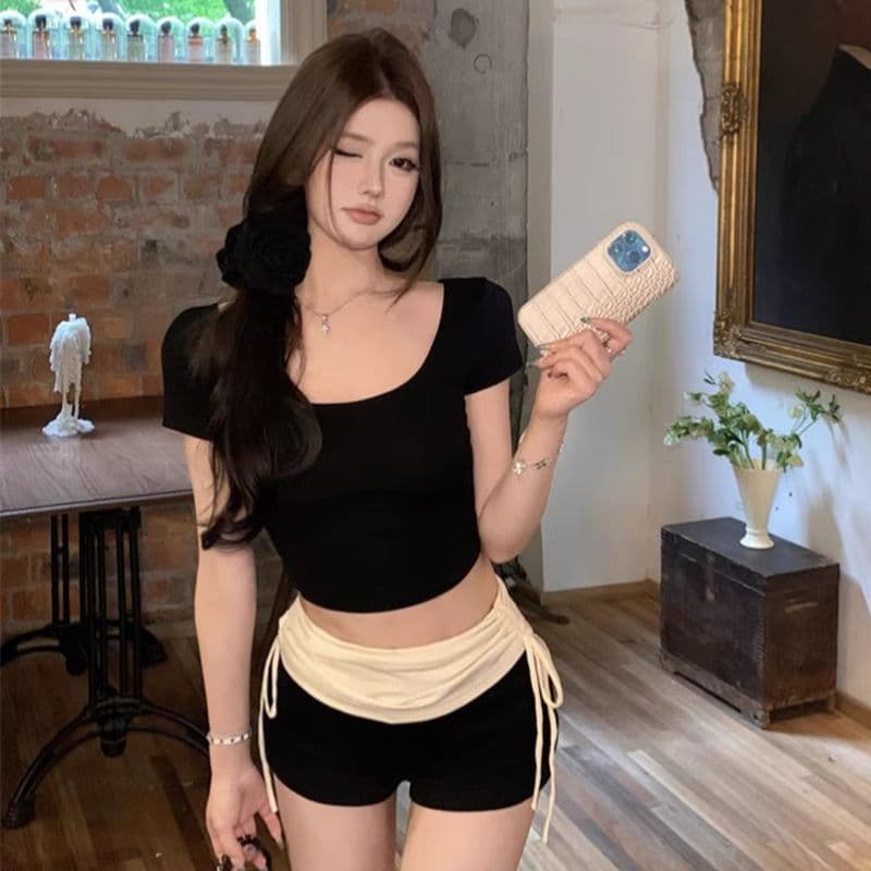 있음 선적 경관 그림 40 면 리브 몸매 가꾸기 라운드 넥 반팔 핫걸 기본 셔츠 타이트 쇼트 스타일 티셔츠
