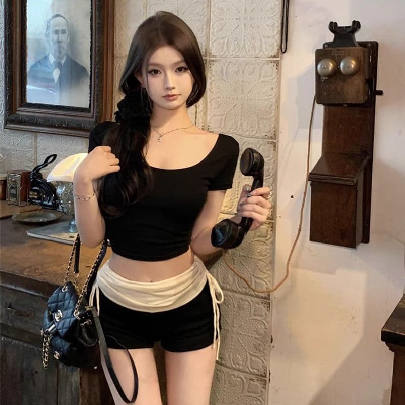 있음 선적 경관 그림 40 면 리브 몸매 가꾸기 라운드 넥 반팔 핫걸 기본 셔츠 타이트 쇼트 스타일 티셔츠 이미지 3