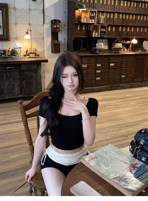 있음 선적 경관 그림 40 면 리브 몸매 가꾸기 라운드 넥 반팔 핫걸 기본 셔츠 타이트 쇼트 스타일 티셔츠 상세 이미지 6