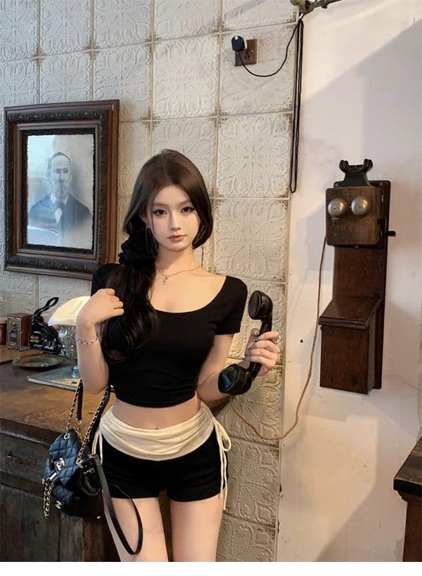 있음 선적 경관 그림 40 면 리브 몸매 가꾸기 라운드 넥 반팔 핫걸 기본 셔츠 타이트 쇼트 스타일 티셔츠 상세 이미지 7