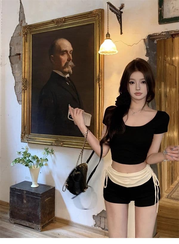 있음 선적 경관 그림 40 면 리브 몸매 가꾸기 라운드 넥 반팔 핫걸 기본 셔츠 타이트 쇼트 스타일 티셔츠 상세 이미지 8