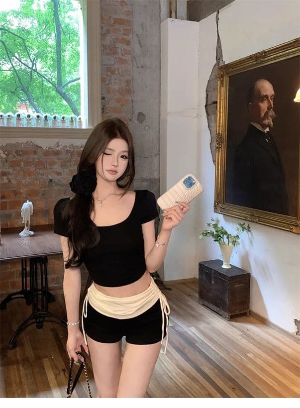 있음 선적 경관 그림 40 면 리브 몸매 가꾸기 라운드 넥 반팔 핫걸 기본 셔츠 타이트 쇼트 스타일 티셔츠 상세 이미지 10