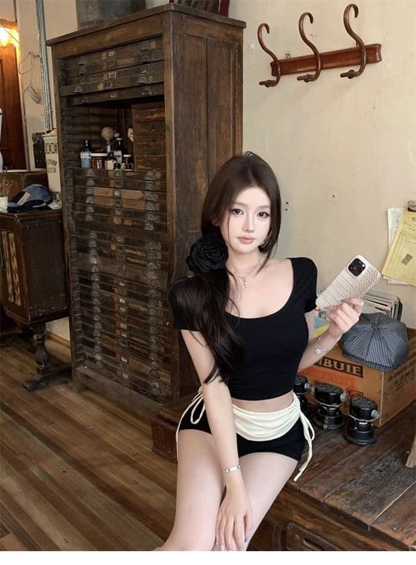 있음 선적 경관 그림 40 면 리브 몸매 가꾸기 라운드 넥 반팔 핫걸 기본 셔츠 타이트 쇼트 스타일 티셔츠 상세 이미지 11