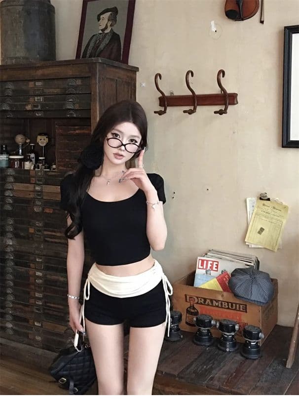 있음 선적 경관 그림 40 면 리브 몸매 가꾸기 라운드 넥 반팔 핫걸 기본 셔츠 타이트 쇼트 스타일 티셔츠 상세 이미지 12