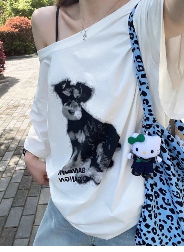있음 선적 경관 그림 원본 한국 스타일 컬러 코튼 당겨 프레임 느슨함 센스 느긋한 핫걸 강아지 프린트 비스듬한 어깨 반팔 티셔츠 상세 이미지 7