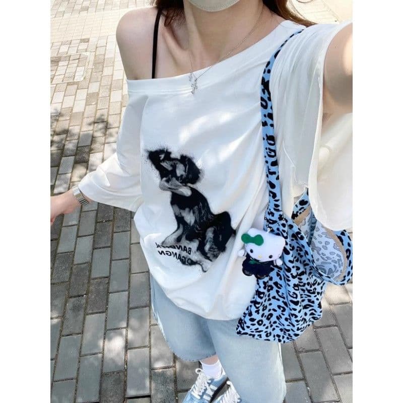 있음 선적 경관 그림 원본 한국 스타일 컬러 코튼 당겨 프레임 느슨함 센스 느긋한 핫걸 강아지 프린트 비스듬한 어깨 반팔 티셔츠 상세 이미지 11