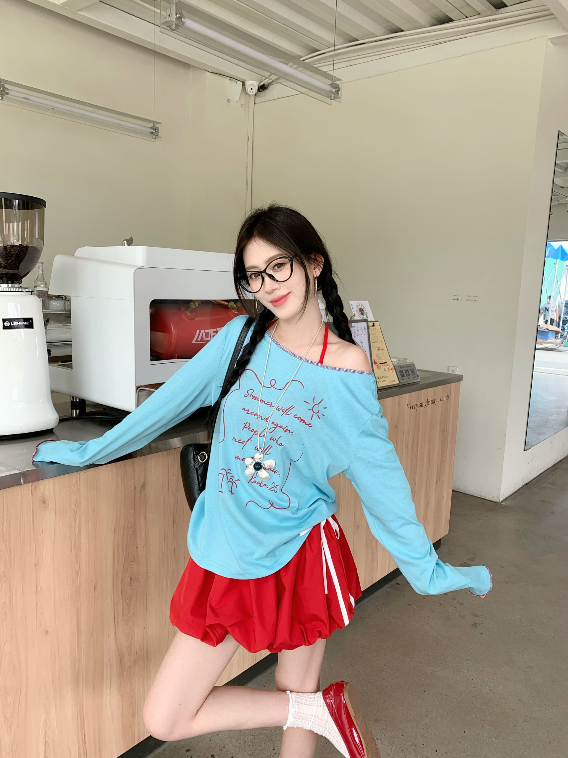 리넨 면화 벨트 가슴 패드 휴가 바람 세트 비스듬한 어깨 긴팔 티셔츠 인사이드 가져 가라. 행침 목 캐미솔 가을 상세 이미지 5